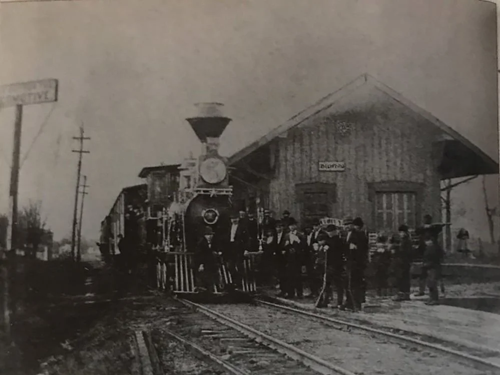 Historic Bedford train depot black and white photo