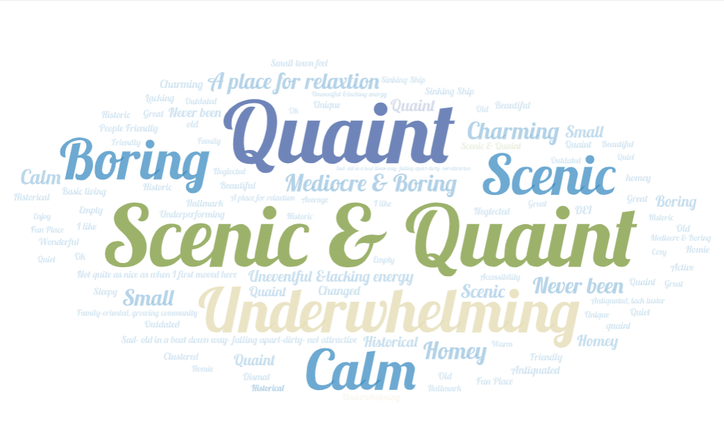 Word cloud showing one-word descriptions of downtown Bedford