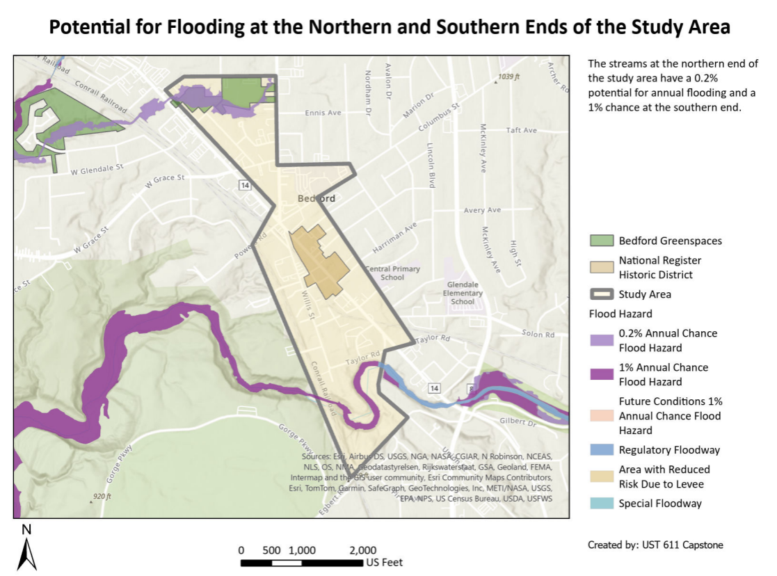 Map showing flood hazard zones in Bedford