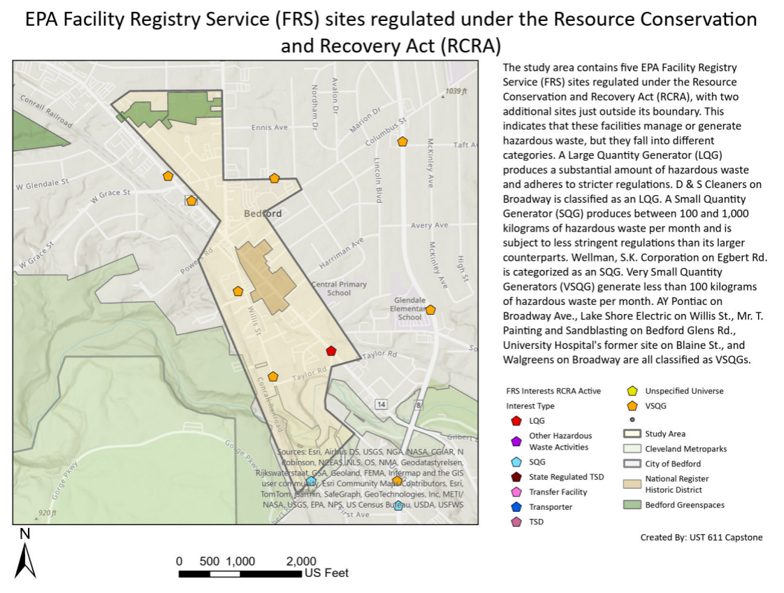 Map showing EPA FRS sites and hazardous waste facilities in Bedford
