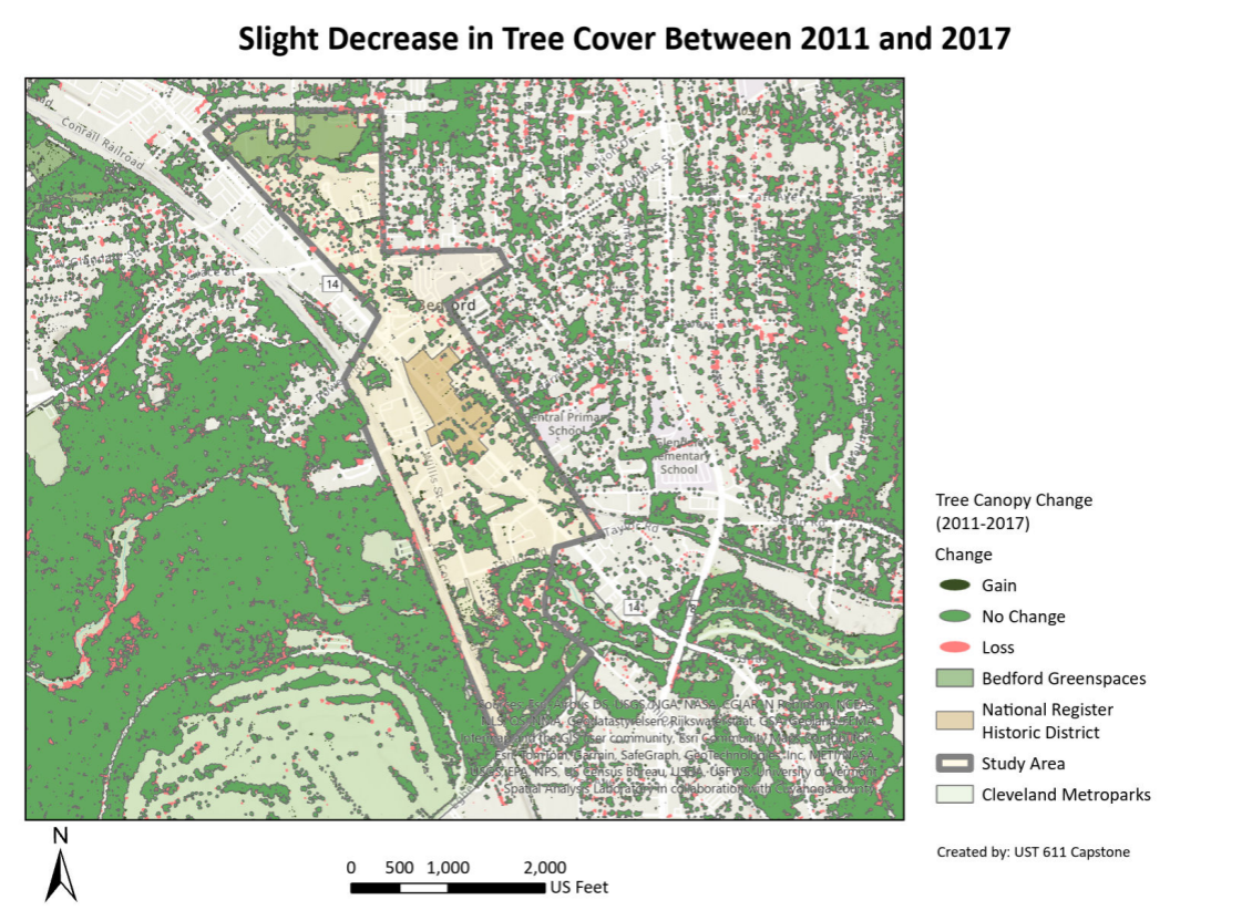 Map showing tree canopy cover changes in Bedford from 2011 to 2017