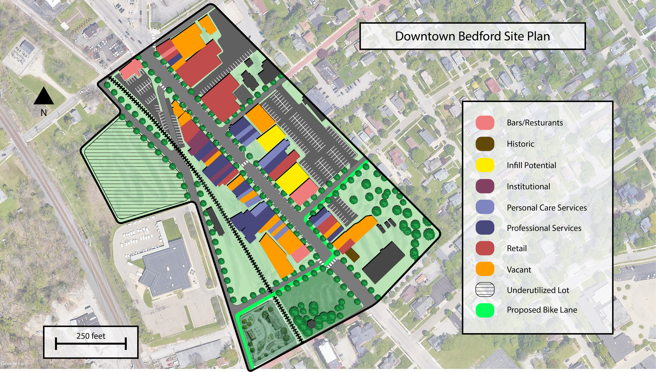 Downtown Bedford site plan highlighting parcels
