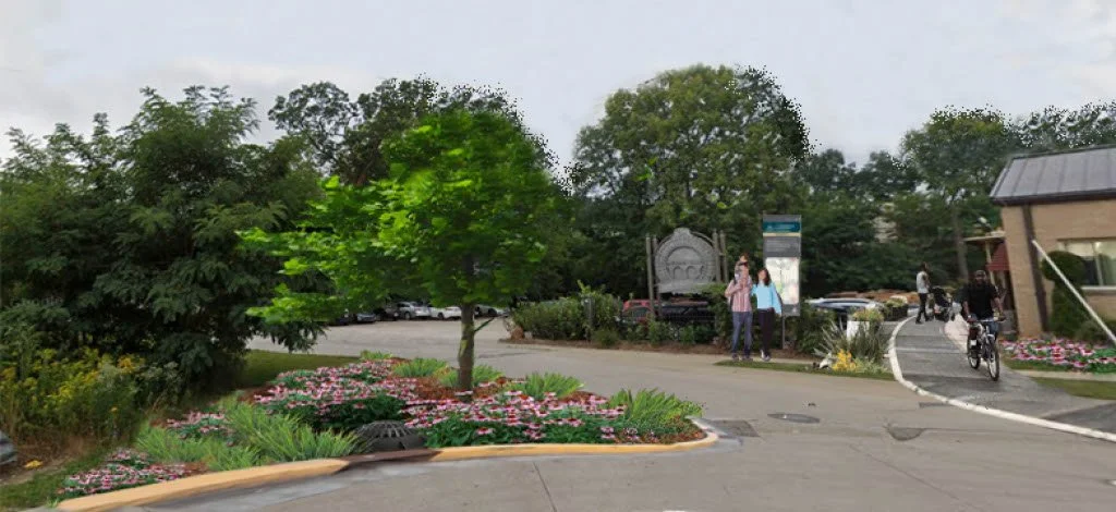 Viaduct Park entrance with landscaping and bioretention
