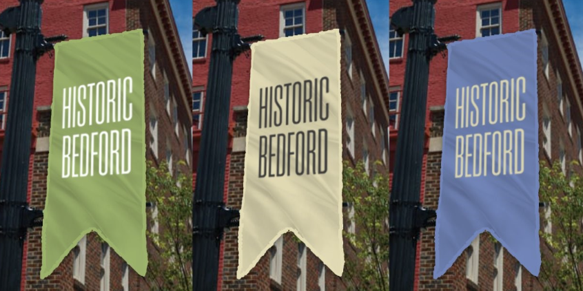 Branded streetlamp banners for Historic Bedford