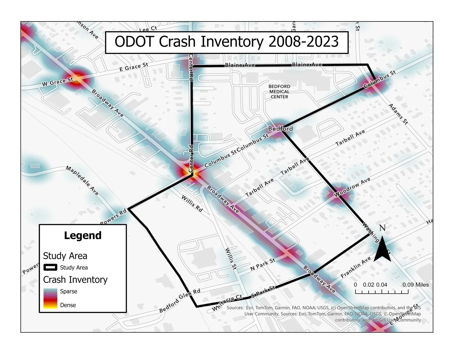 ODOT Crash Inventory map showing crash density from 2008-2023