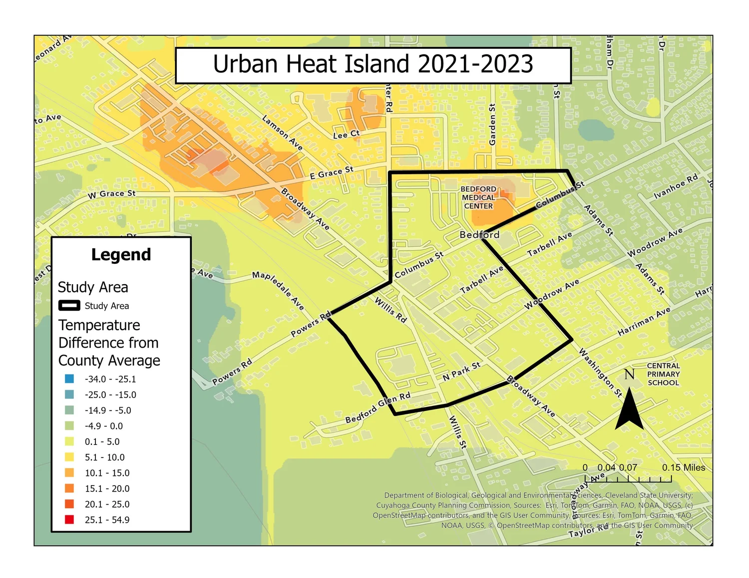 Urban Heat Island map showing temperature differences from county average 2021-2023